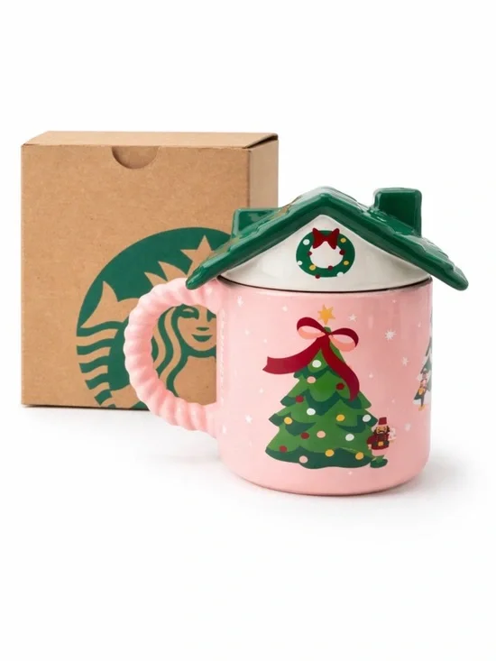 Starbucks Pink Holiday Bear Mug with Green Roof Lid - Picture 2 of 2